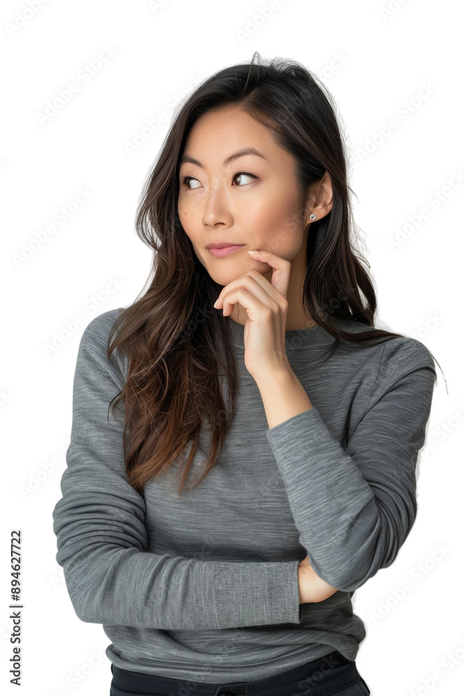 Woman thinking while looking up,doubtful and hesitant,transparent background,PNG,clip art. Woman thinking while looking up,doubtful and hesitant,transparent background,PNG,clip art.