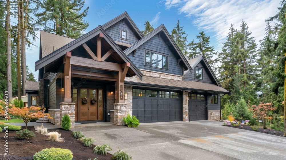 Modern House with Stone Facade and Garage Doors. Modern House with Stone Facade and Garage Doors.