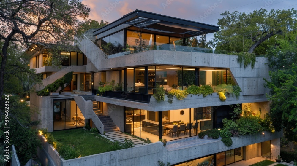 Modern Concrete House with Green Roof and Garden. Modern Concrete House with Green Roof and Garden.
