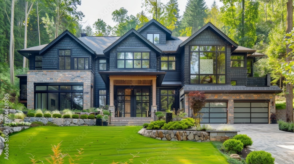 Modern House with Stone Walls and Green Lawn. Modern House with Stone Walls and Green Lawn.