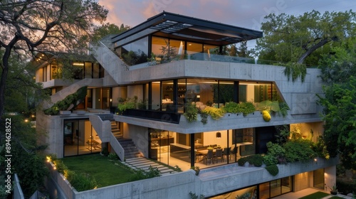 Modern Concrete House with Green Roof and Garden.