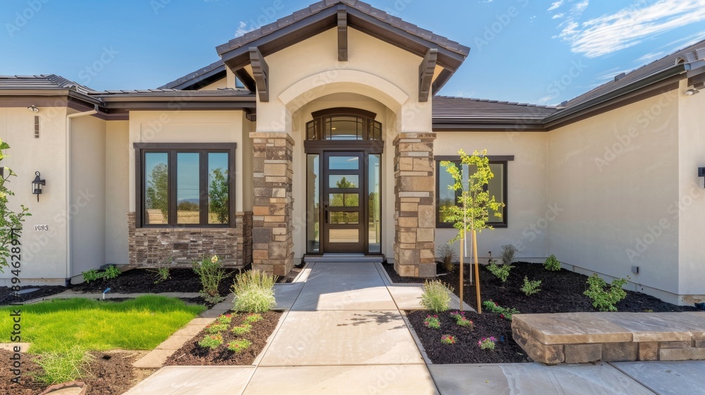 Modern Home Exterior With Stone Accents. Modern Home Exterior With Stone Accents.