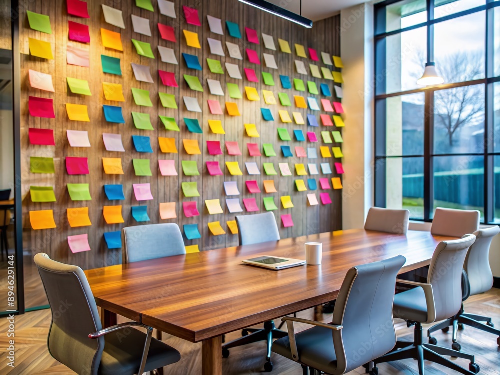 Colorful post-it notes covering a wall, outlining a business strategy, surrounded by empty chairs and a wooden table, conveying a sense of planning and collaboration. Colorful post-it notes covering a wall, outlining a business strategy, surrounded by empty chairs and a wooden table, conveying a sense of planning and collaboration.