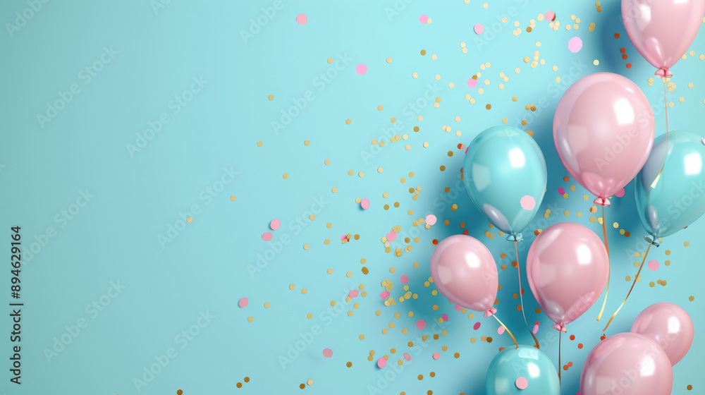 Pastel pink and blue balloons with golden confetti on a light turquoise background, empty space for text banner Pastel pink and blue balloons with golden confetti on a light turquoise background, empty space for text banner