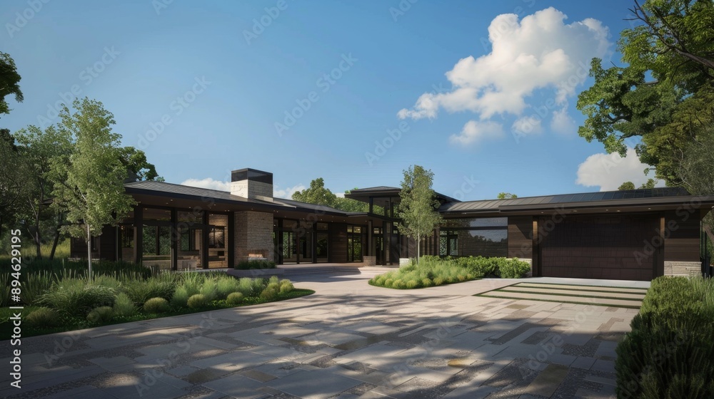 Modern House with Stone Facade and Large Windows. Modern House with Stone Facade and Large Windows.