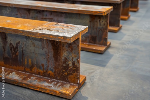 Rusted steel beams on the floor of an art installation, close-up view, focus is only at one beam with other ones in background, depth of field, photo taken from above 