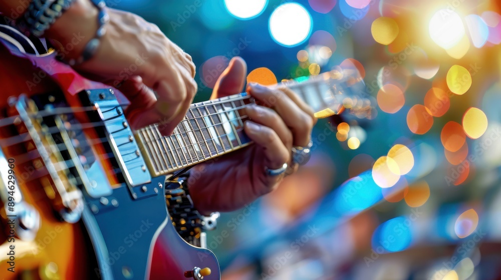 Fototapeta premium A guitar player is playing a guitar in a dimly lit room with a blurry background