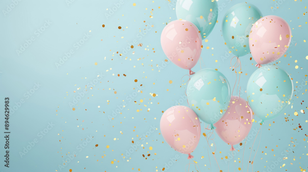 Pastel pink and blue balloons with golden confetti on a light turquoise background, empty space for text banner Pastel pink and blue balloons with golden confetti on a light turquoise background, empty space for text banner