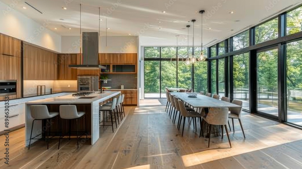 Modern kitchen with large windows and wooden floors. Modern kitchen with large windows and wooden floors.