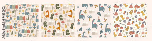 Dinosaur vector seamless pattern. Children's collection includes cute dinosaurs, palm trees, volcanoes and various elements. Dino baby. Colorful cute baby illustration.