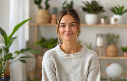 Woman Smiling in White Sweater at Home
