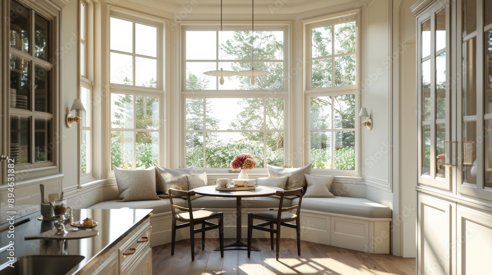 Fototapeta premium Cozy Morning Retreat: Sunny Breakfast Nook with Round Table and Bay Windows