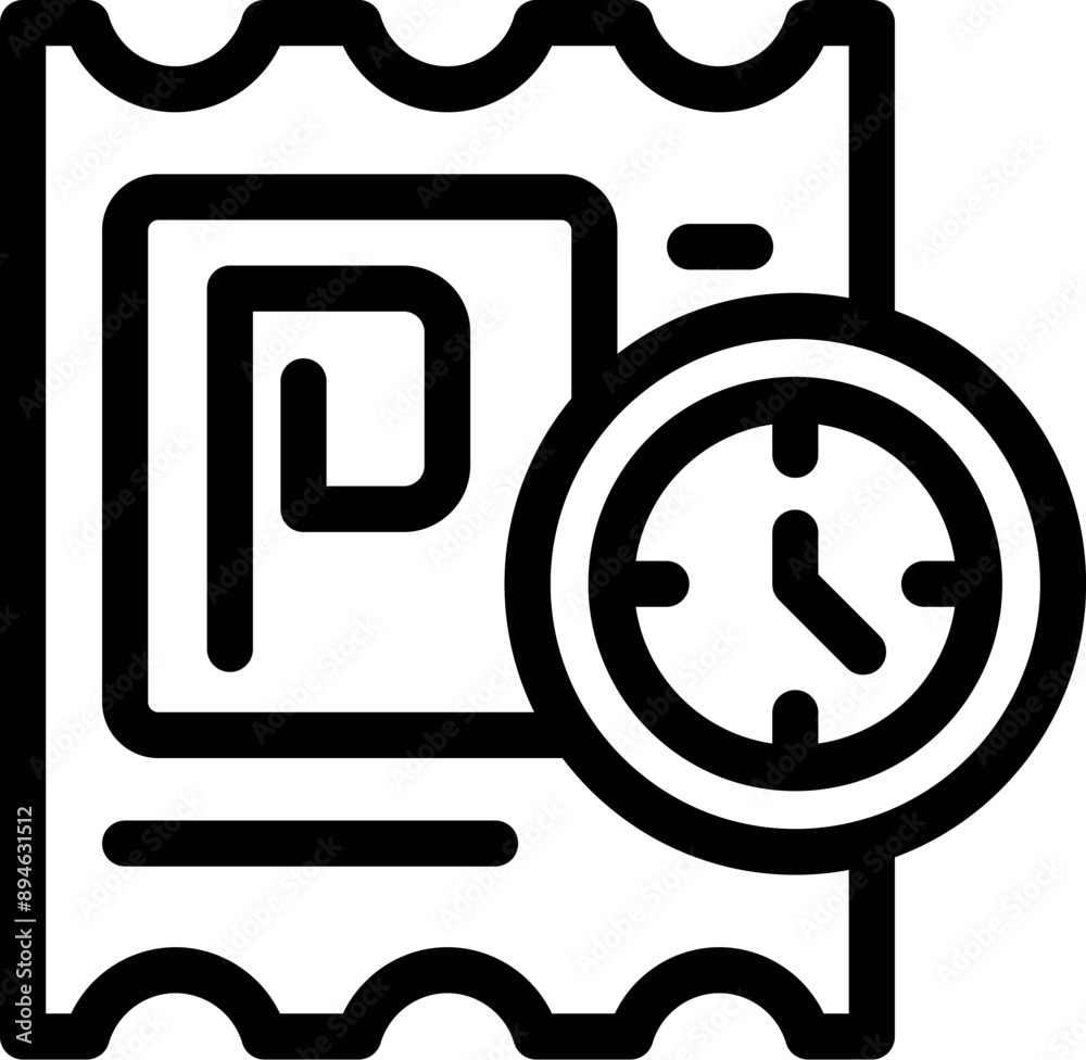 Black and white icon of a parking ticket showing time limit with clock icon Black and white icon of a parking ticket showing time limit with clock icon