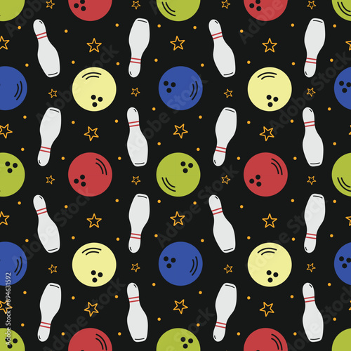 Bowling Pins and Balls on Black Seamless Pattern Design
