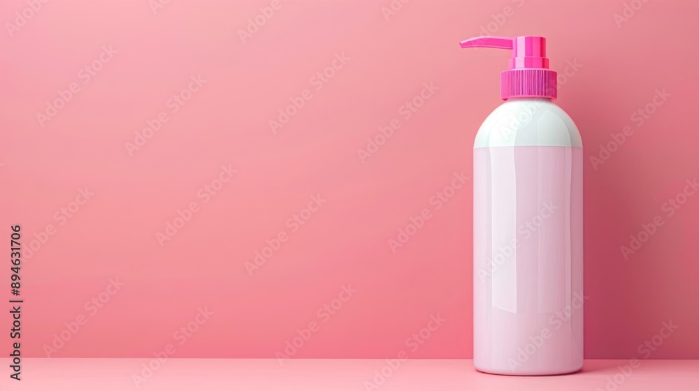 Minimalistic pink lotion bottle with pump on a pastel pink background, perfect for beauty and skincare branding or advertising. Minimalistic pink lotion bottle with pump on a pastel pink background, perfect for beauty and skincare branding or advertising.
