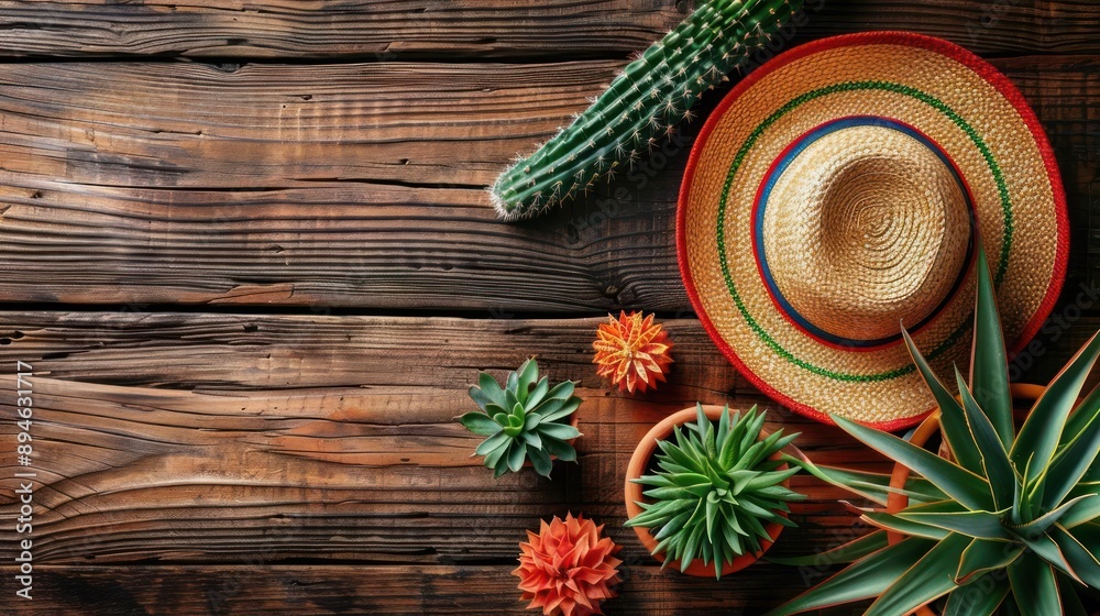arafed hat, cactus, and succulents on a wooden tab
