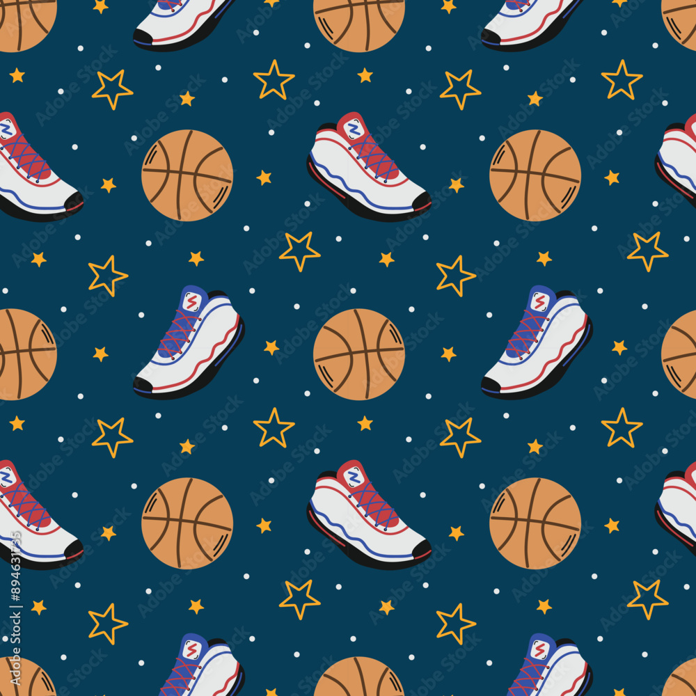 Basketball Shoes and Balls on Navy Blue Seamless Pattern Design Basketball Shoes and Balls on Navy Blue Seamless Pattern Design