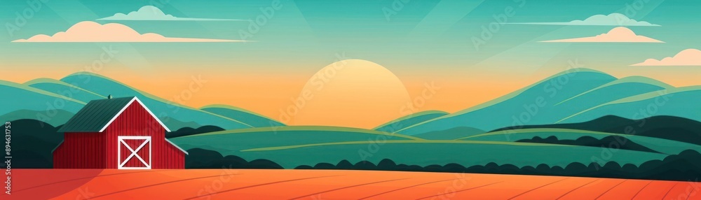 Scenic sunrise landscape with red barn in the countryside, surrounded by rolling hills and clear skies. Perfect rustic countryside scenery. Scenic sunrise landscape with red barn in the countryside, surrounded by rolling hills and clear skies. Perfect rustic countryside scenery.