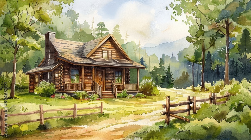 Scenic watercolor painting of a cozy log cabin nestled in lush forest greenery, surrounded by natural beauty and tranquility. Scenic watercolor painting of a cozy log cabin nestled in lush forest greenery, surrounded by natural beauty and tranquility.