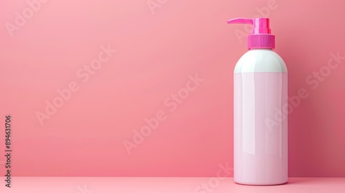 Minimalistic pink lotion bottle with pump on a pastel pink background, perfect for beauty and skincare branding or advertising.