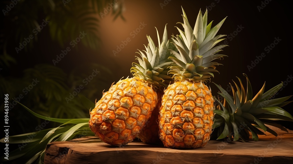 Two ripe pineapples on a wooden surface with tropical leaves in the background, illuminated by soft lighting, creating a warm and inviting atmosphere. Two ripe pineapples on a wooden surface with tropical leaves in the background, illuminated by soft lighting, creating a warm and inviting atmosphere.