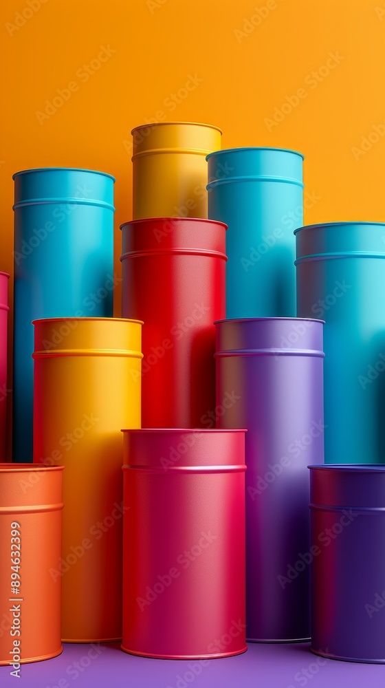 A row of colorful cans stacked on top of each other A row of colorful cans stacked on top of each other