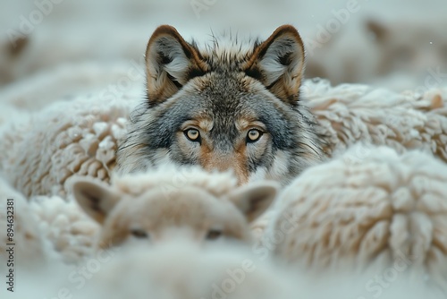 close up of a wolf in sheep group