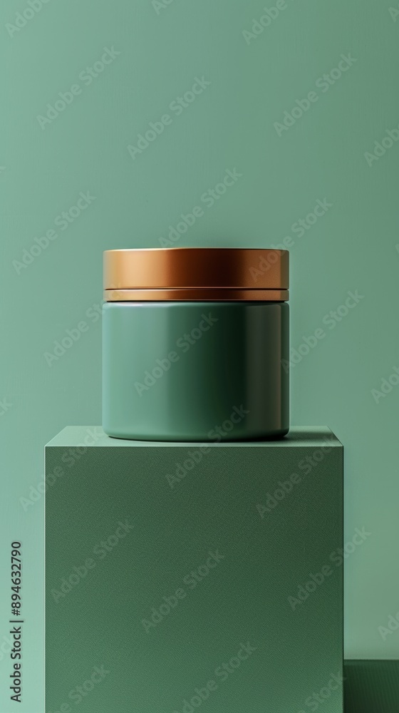 A green jar with a gold lid sits on a green surface A green jar with a gold lid sits on a green surface