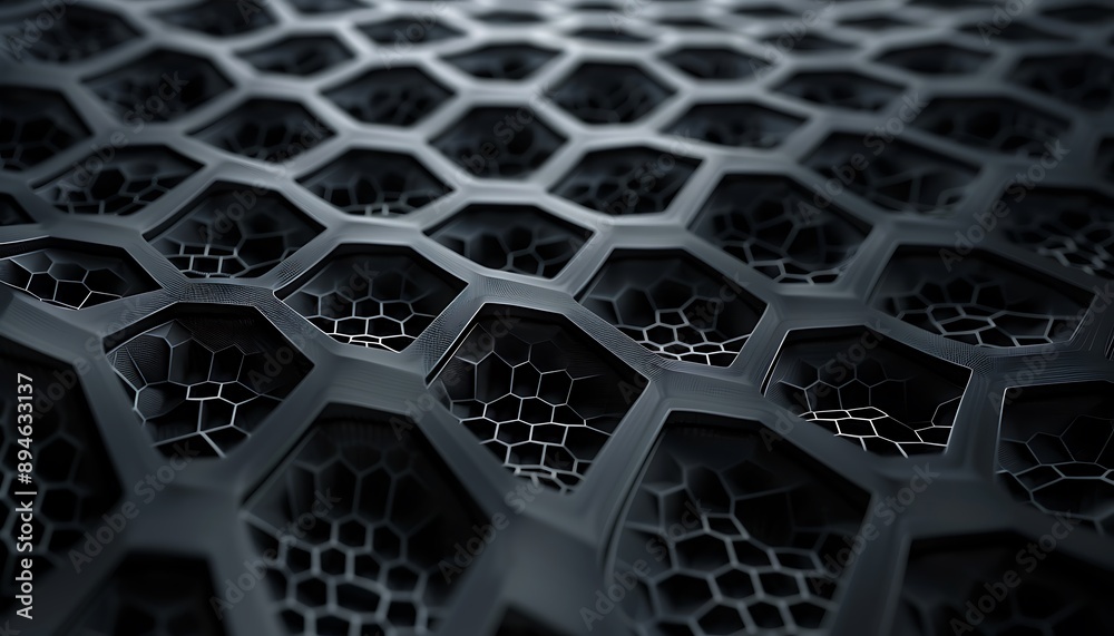 Naklejka premium Abstract geometric shapes like circles and hexagons in a seamless 3D pattern with a futuristic metal texture