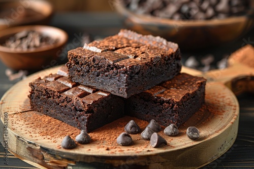 Three rich, fudgy chocolate brownies neatly stacked on a wooden board, generously dusted with cocoa powder and accompanied by chocolate chips, evoking a decadent delight.