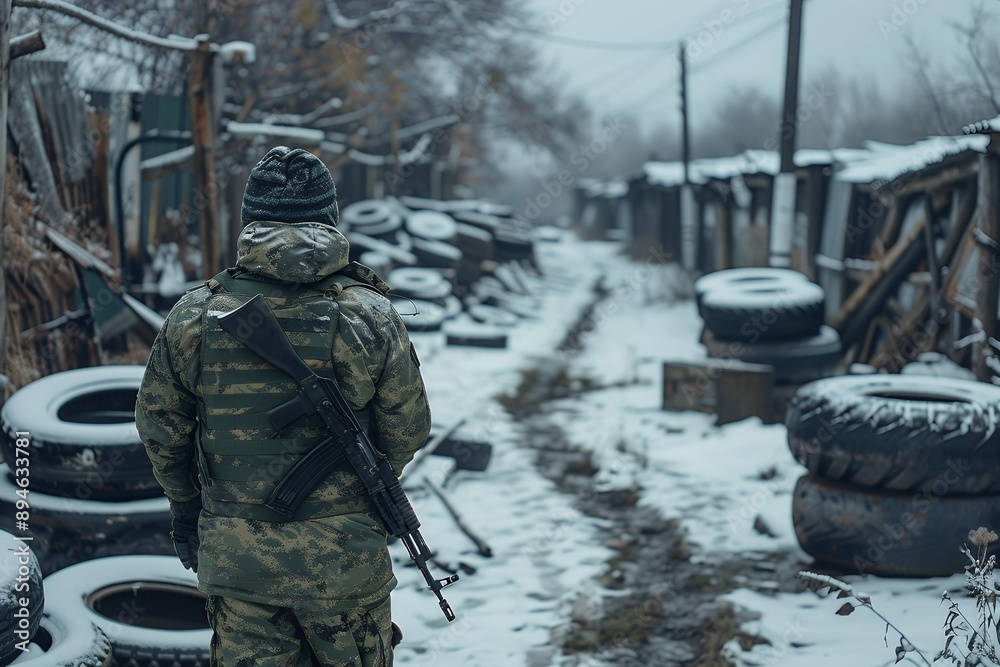 ukrainian soldier in green camouflage with weapon walking towards shooting range made of tires and wood, winter background, photo taken from behind the shoulder 