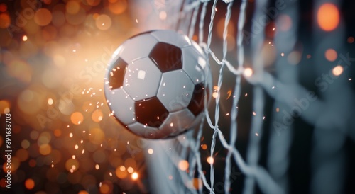 Soccer Ball In Net With Blurred Lights