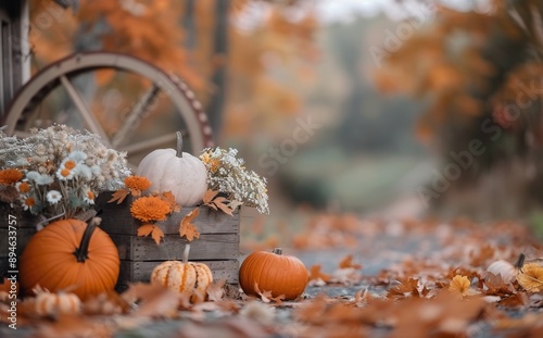 Pumpkins and Fall Leaves in a Wooden Wagon