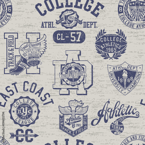College athletic department badges and symbols patchwork wallpaper  vintage vector seamless pattern for sport wear fabric boy shirt grunge effect in separate layer