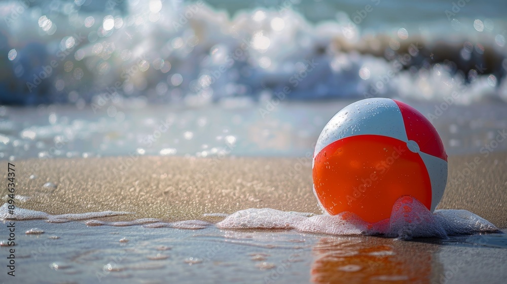 Obraz premium Beach ball on sandy shore with waves.