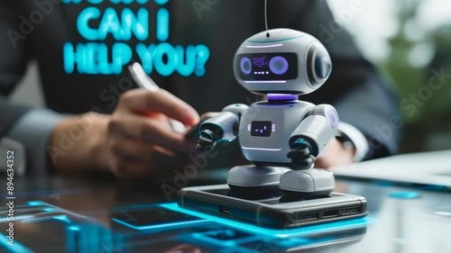 Business Professional Using Smartphone to Engage with Modern AI Chatbot for Customer Service Assistance and Digital Support in Futuristic Office Setting