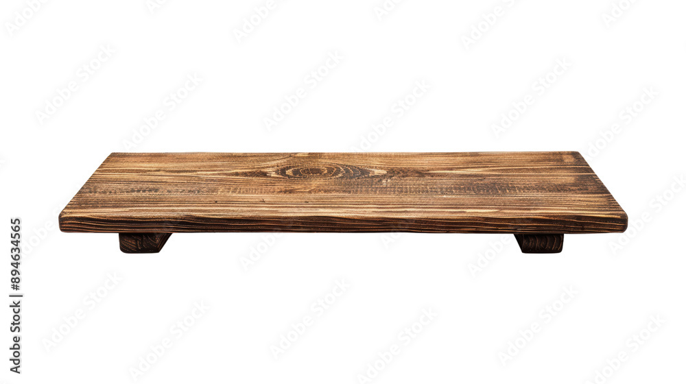 A wooden shelf is empty and sits on a white background A wooden shelf is empty and sits on a white background