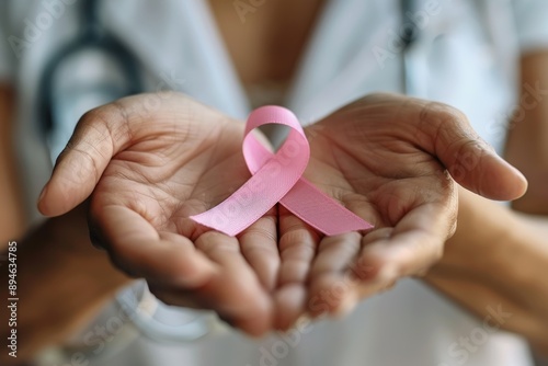 An image showing a person wearing a stethoscope and holding a pink ribbon with both hands, symbolizing the intersection of healthcare professions and breast cancer awareness.