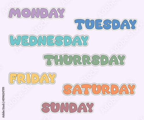 Stickers days of the week fun colored letters stickers for notebook design diaries schedules diaries and more vector illustration vector illustration