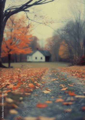 Autumn Leaves and a Distant Cabin