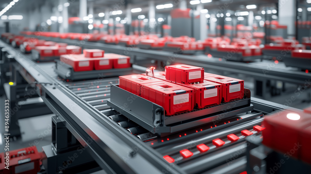 Automated conveyor system with red packages in a warehouse. Automated conveyor system with red packages in a warehouse.