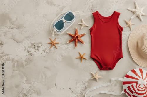 Red Swimsuit and Beach Accessories