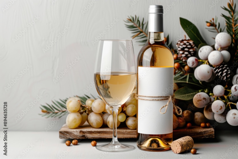 Obraz premium Bottle of Wine with Glass and Holiday Decoration