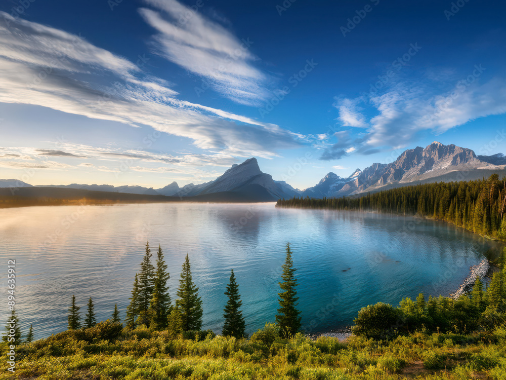 Fototapeta premium landscape with sunset and river