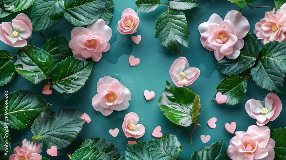 Fototapeta premium Floral Arrangement with Pink Flowers and Hearts