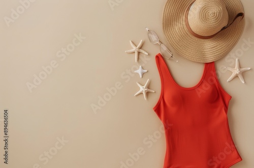 Red Swimsuit and Beach Accessories
