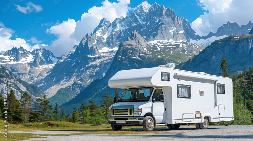 Camper van in front of majestic mountain landscape. Camper van in front of majestic mountain landscape.
