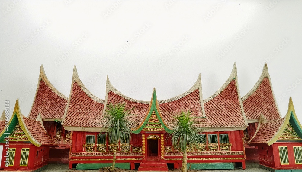 Obraz premium Miniature of Traditional Minangkabau House from Indonesia – Isolated on White Background
