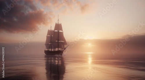 Sailboat at Sunset on a Misty Sea