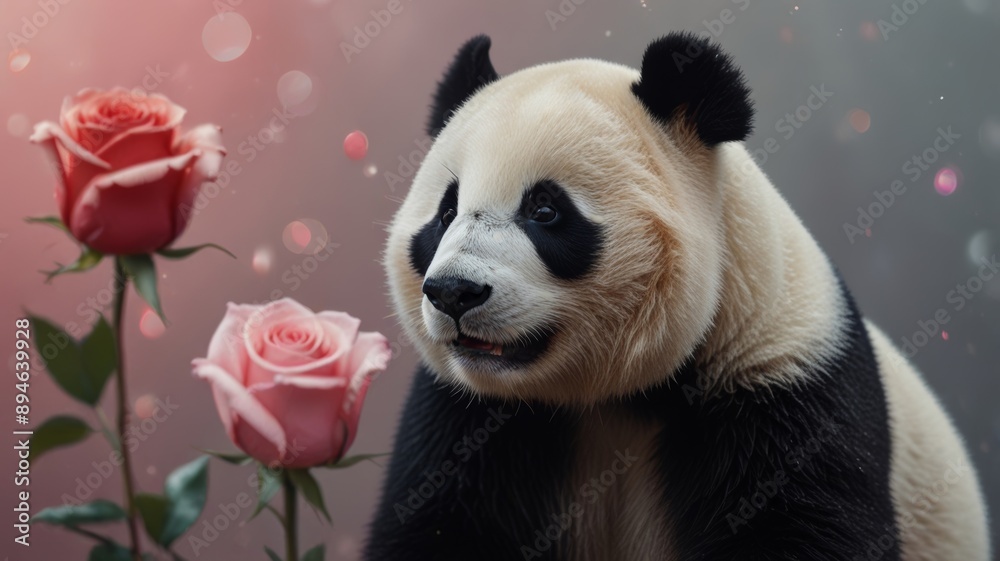 Naklejka premium A symbol of love and affection, a panda bear with a red rose on a pink background .